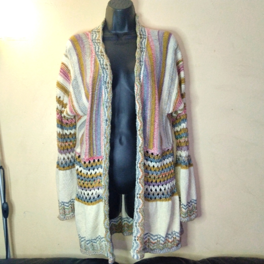 Boston Proper Open Knit Boho Patchwork Cardigan Size XS